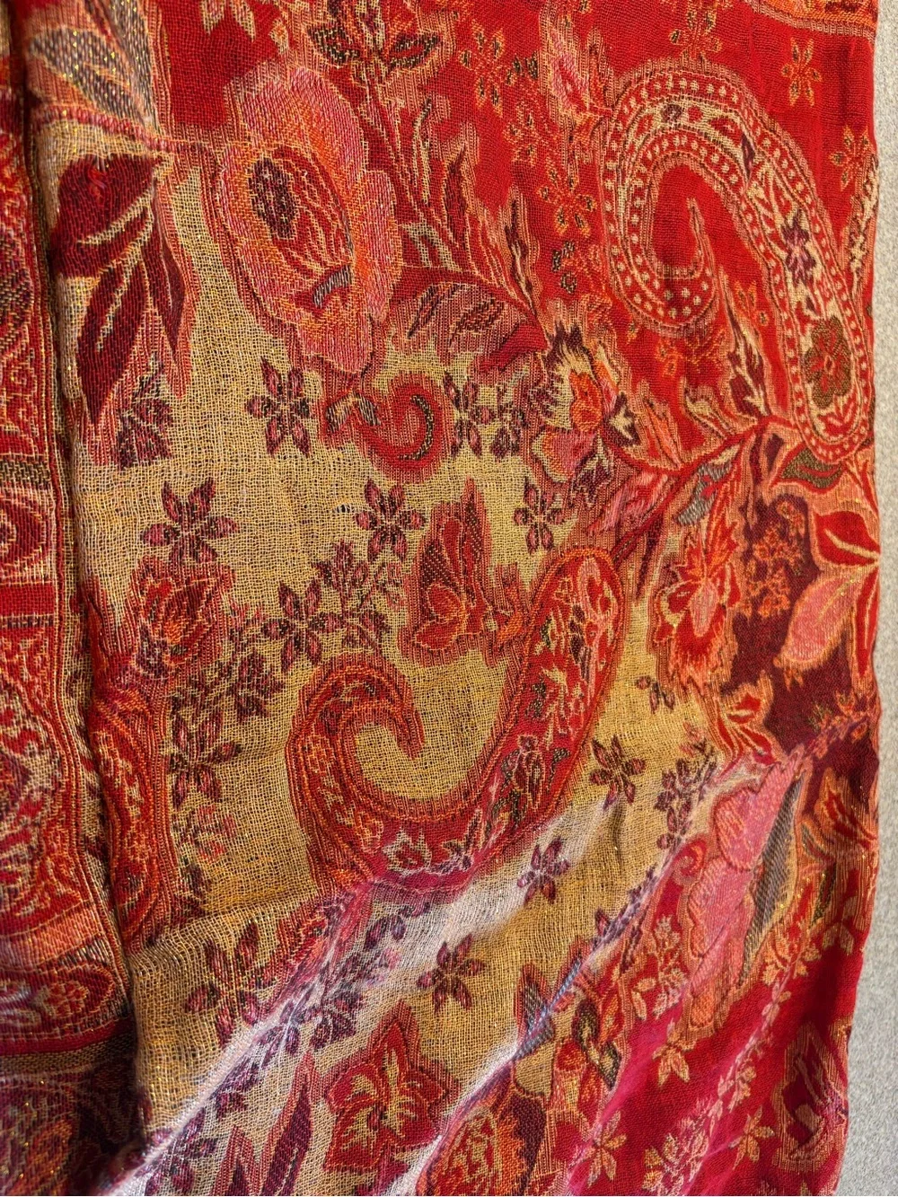 pashmina Red and Orange Floral Paisley Throw with Fringe w gold accents scarf
